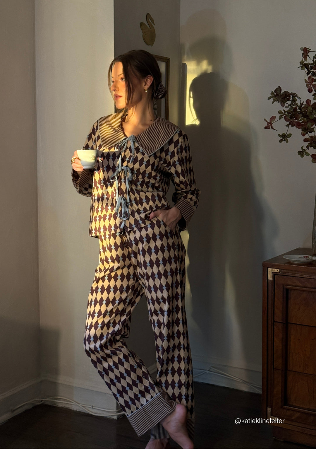Cotton Pajamas in Camel Harlequin