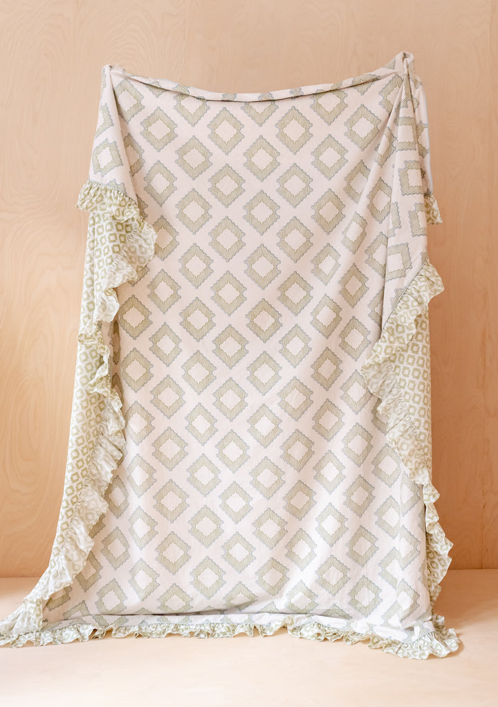 TBCo Cotton Duvet Cover & Pillowcases Set in Green Diamond with delicate ruffled trim and pale geometric diamond print