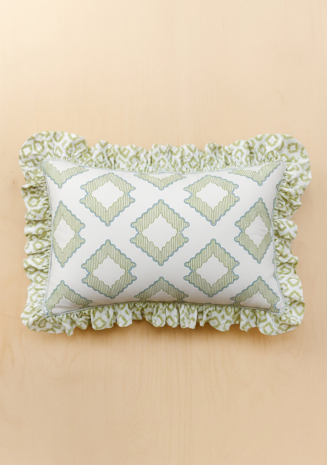 Pair of Cotton Pillowcases in Green Diamond with green and blue diamond pattern and ruffled edges, portrait view, gallery 2