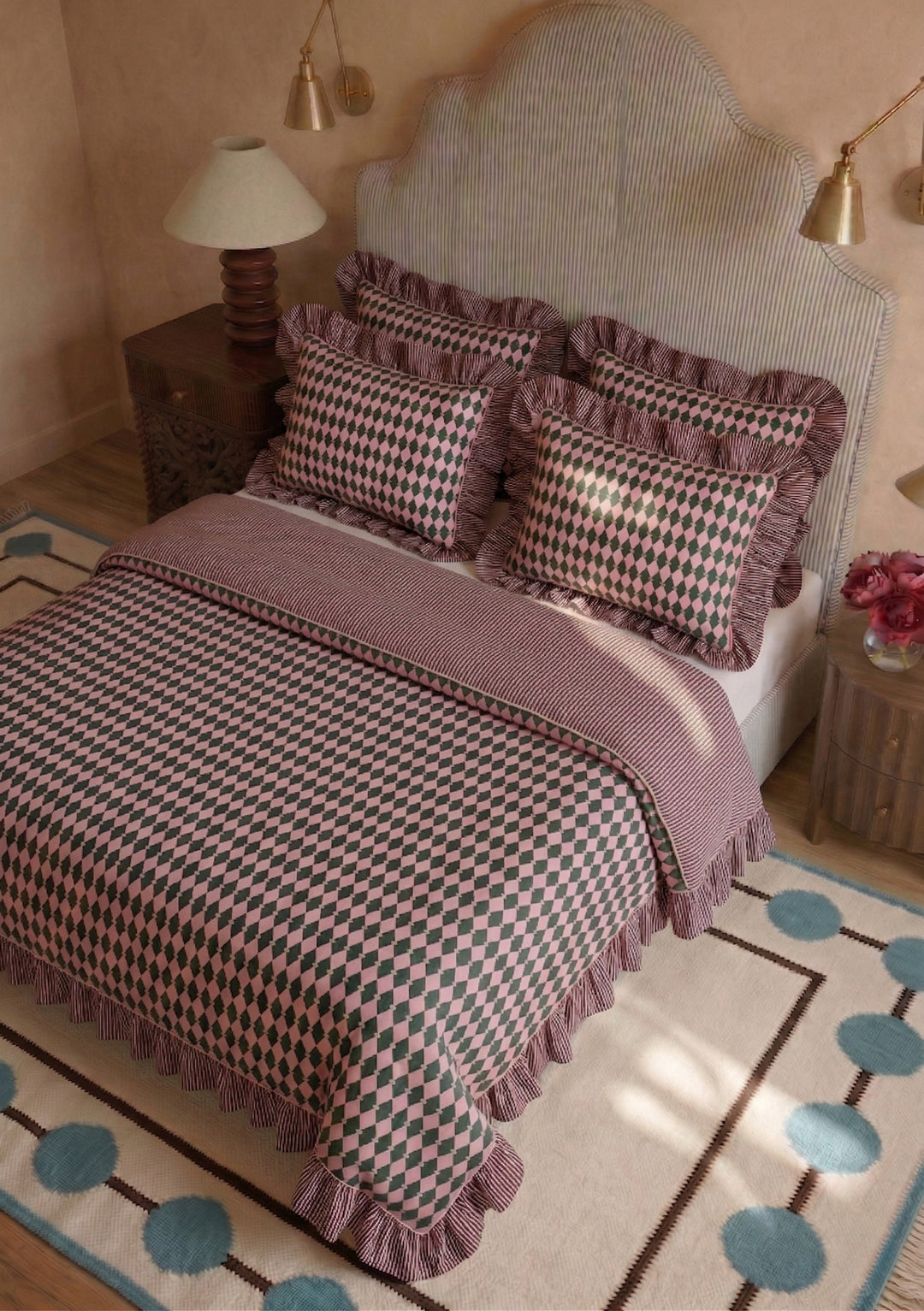 Cotton Duvet Cover & Pillowcases Set in Pink Harlequin by TBCo featuring ruffled edges and a diamond pattern on soft cotton fabric