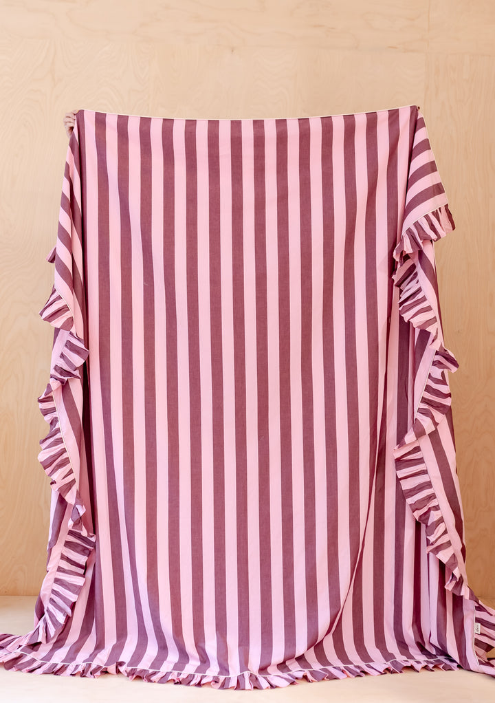Cotton Duvet Cover & Pillowcases Set in Pink & Burgundy Stripe by TBCo, striped with delicate ruffle edges displayed fully.