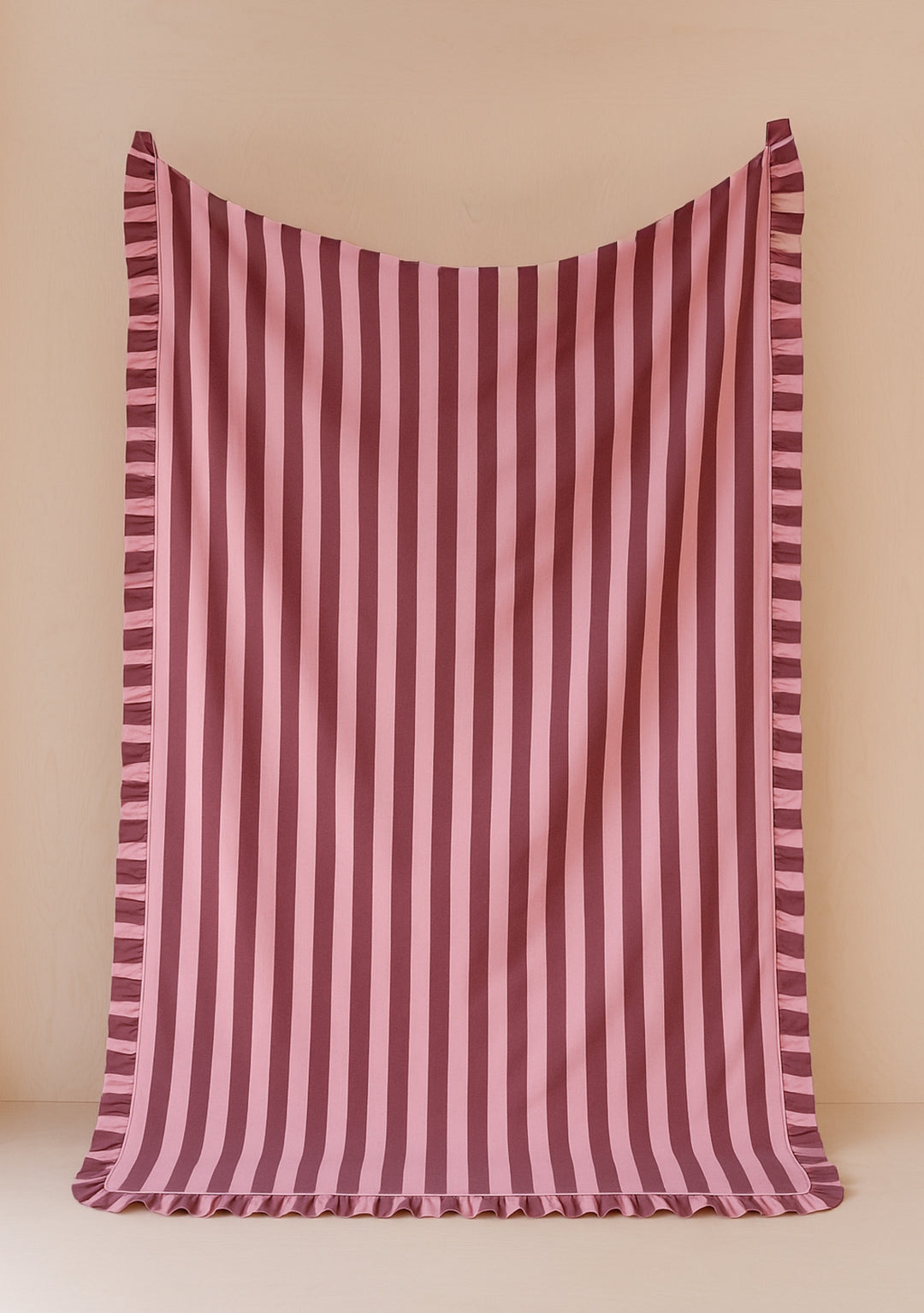 Cotton Duvet Cover & Pillowcases Set in Pink & Burgundy Stripe by TBCo, striped pattern with ruffle edge detail on soft cotton fabric