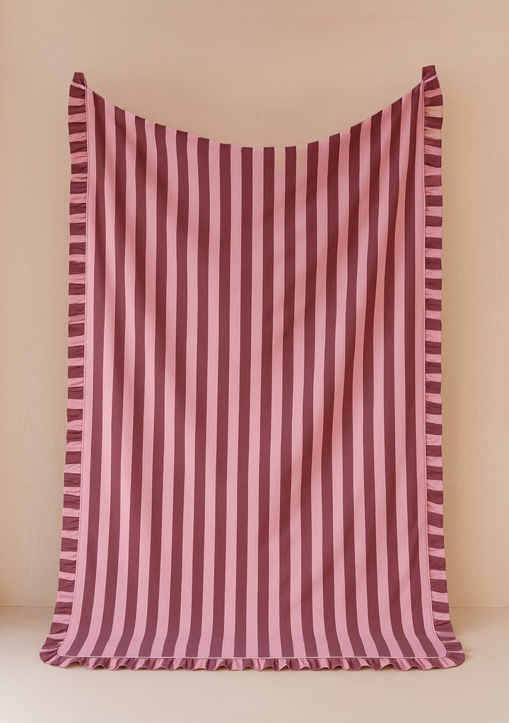 Cotton Duvet Cover & Pillowcases Set in Pink & Burgundy Stripe by TBCo, striped pattern with ruffle edge detail on soft cotton fabric