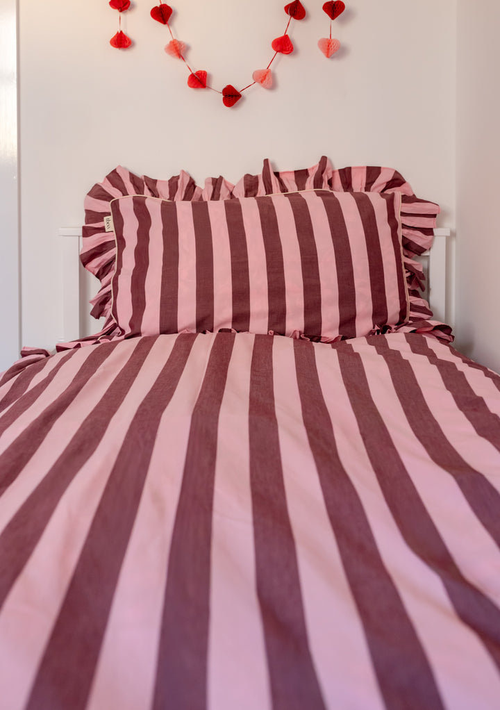 Cotton Duvet Cover & Pillowcases Set in Pink & Burgundy Stripe by TBCo featuring ruffle edges on soft breathable fabric