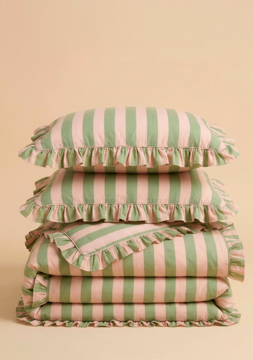 Cotton Duvet Cover & Pillowcases Set in Green Stripe