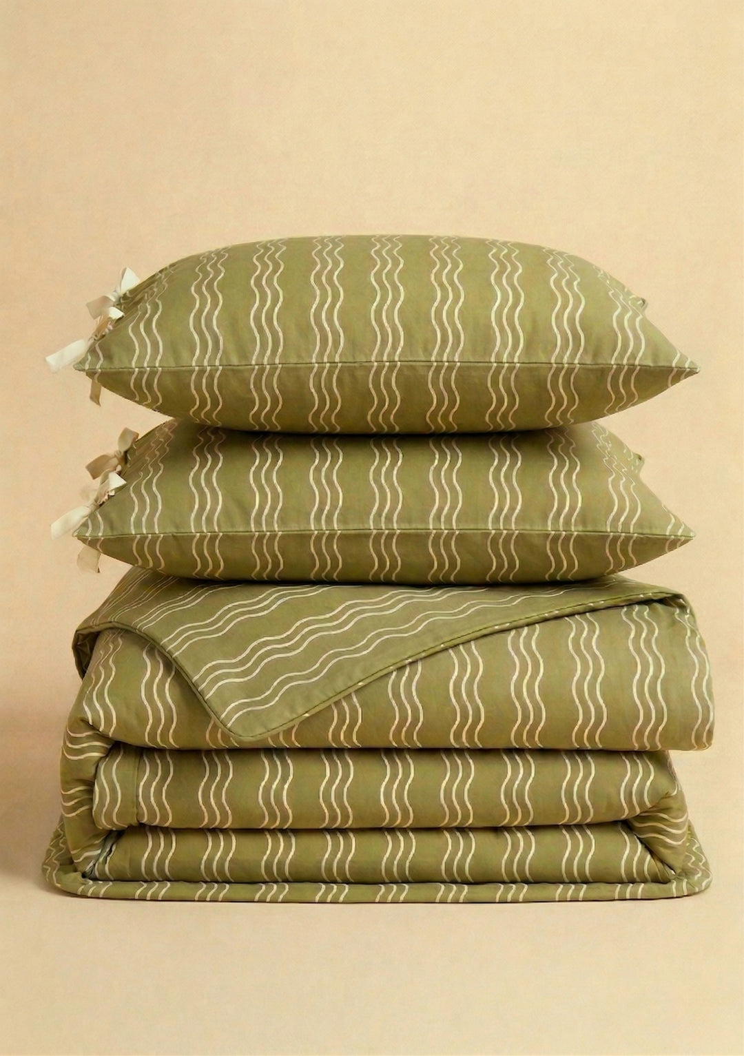 Cotton Duvet Cover in Olive Wave