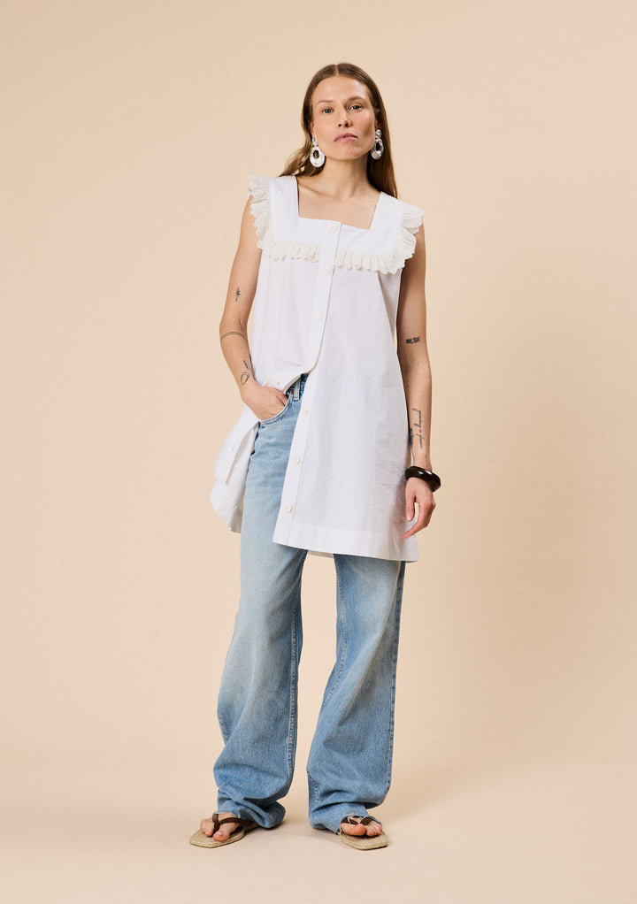 Cotton Broderie Sleeveless Dress in White