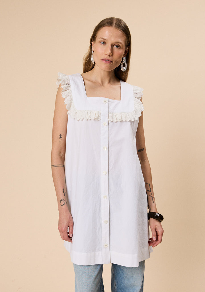 Cotton Broderie Sleeveless Dress in White