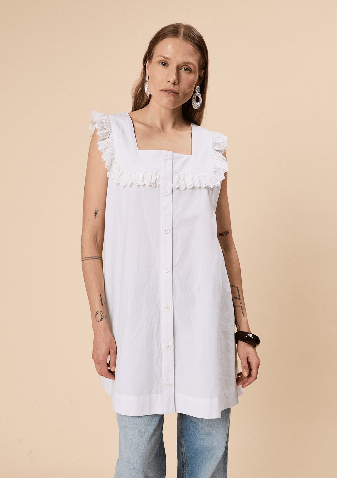 cotton broderie dress White Cotton Broderie Bow Mini Kapri Dress XXL