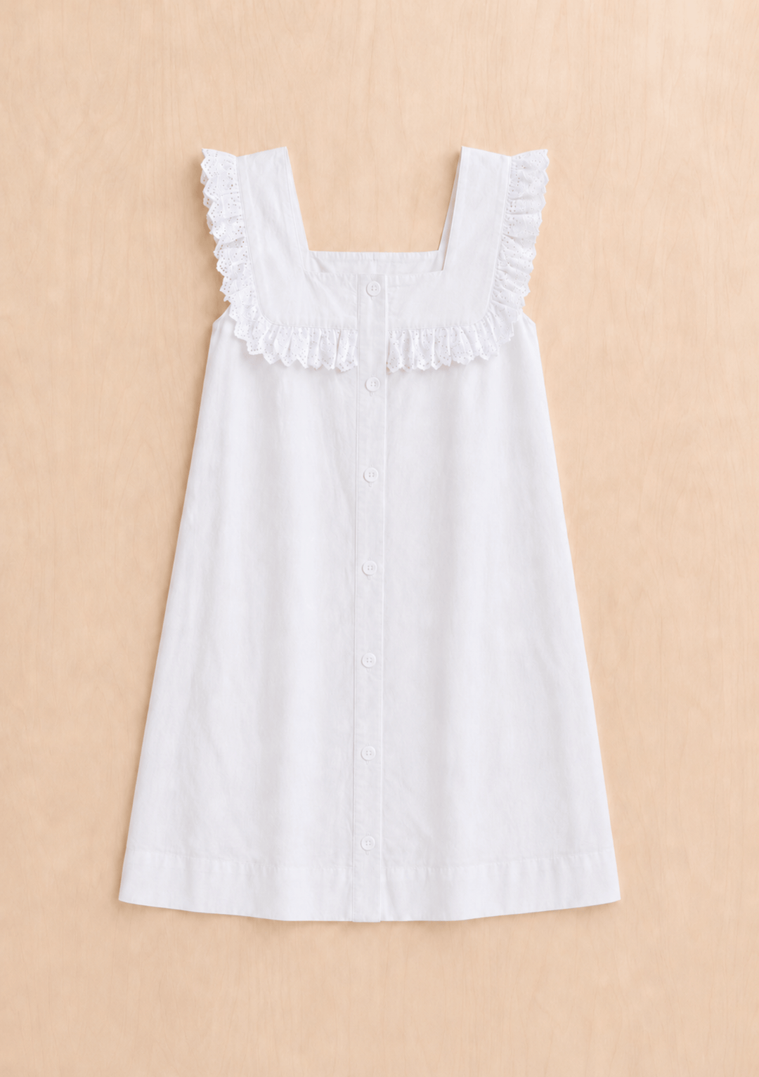 TBCo Cotton Broderie Sleeveless Dress in White with delicate lace trim, natural and recycled fibres, Certified B-Corp, women-founded, designed to make an impact