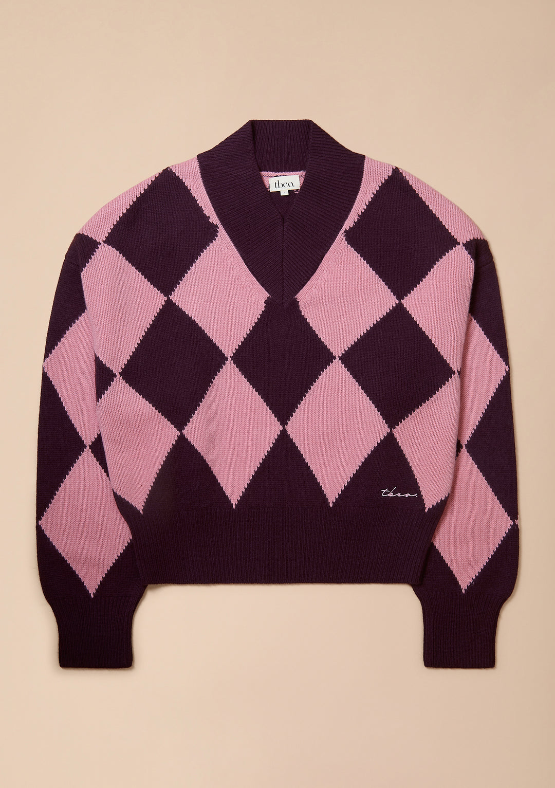 Merino Wool V-Neck Cropped Jumper in Pink & Fig Argyle