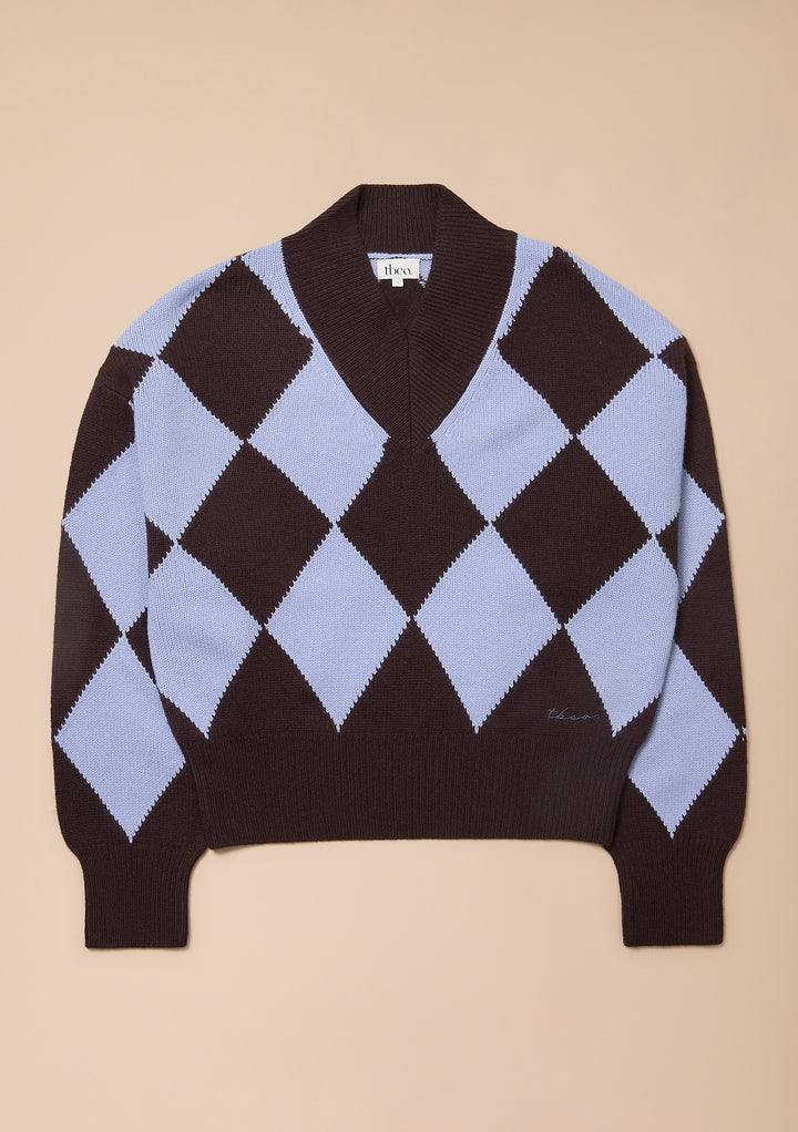 Merino Wool V-Neck Cropped Jumper in Brown & Blue Argyle