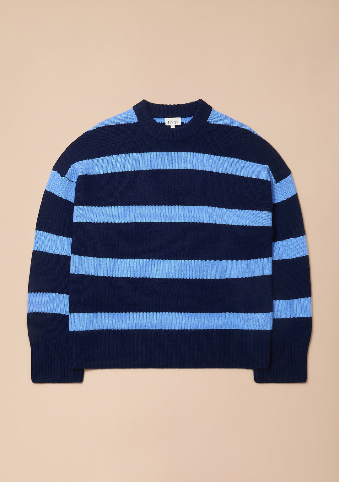 Cashmere Wool Crew Neck Jumper in Navy & Blue Stripe