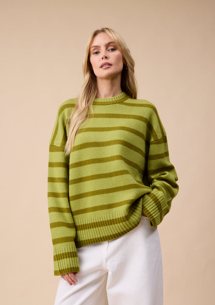 Merino Wool Crew Neck Jumper in Green Stripe