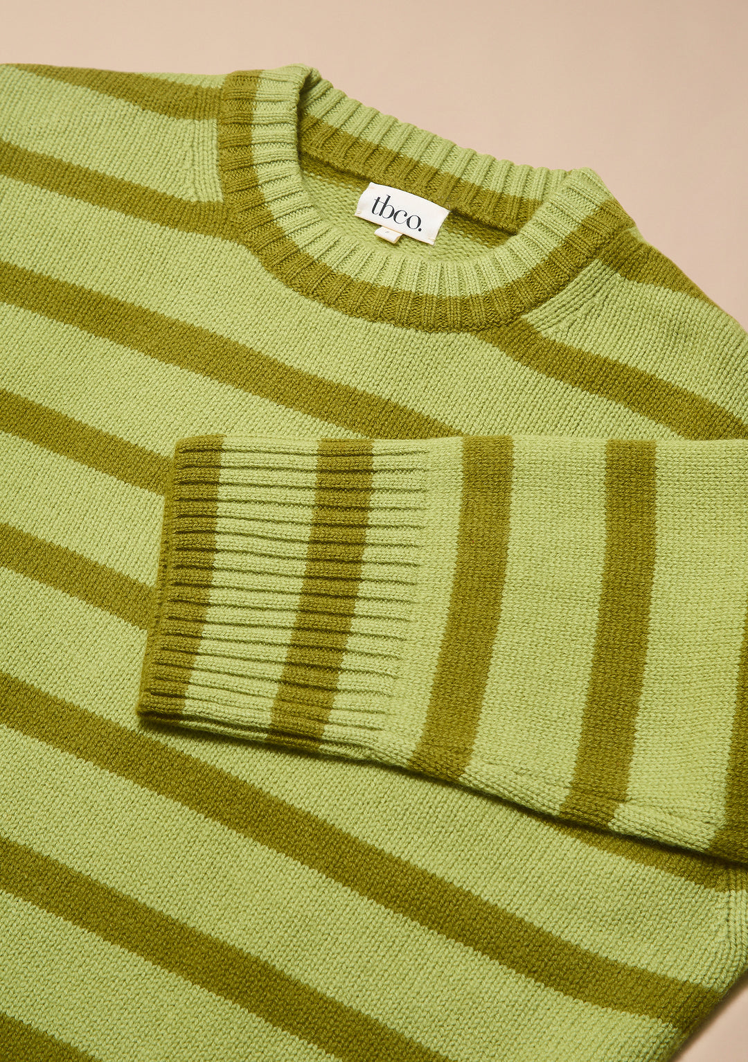 Merino Wool Crew Neck Jumper in Green Stripe