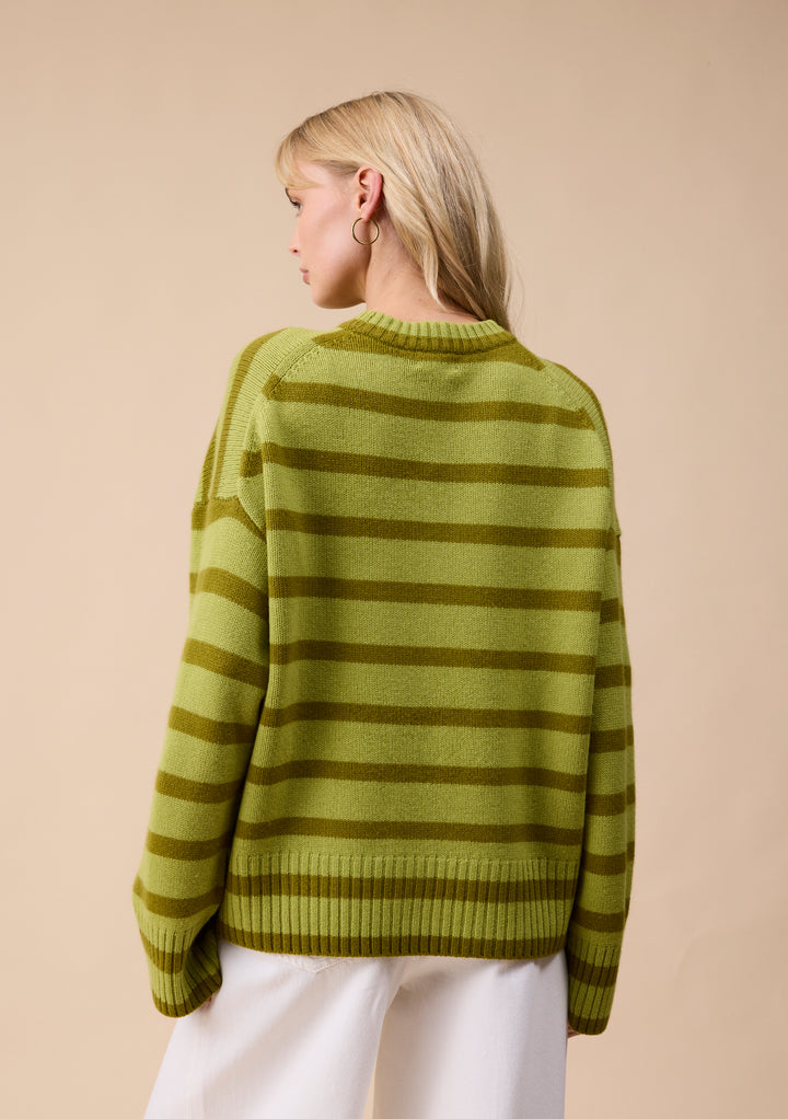 Merino Wool Crew Neck Jumper in Green Stripe