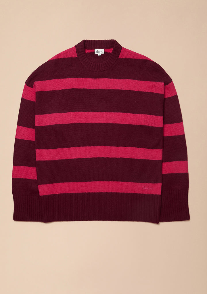 Cashmere Wool Crew Neck Jumper in Pink & Burgundy Stripe