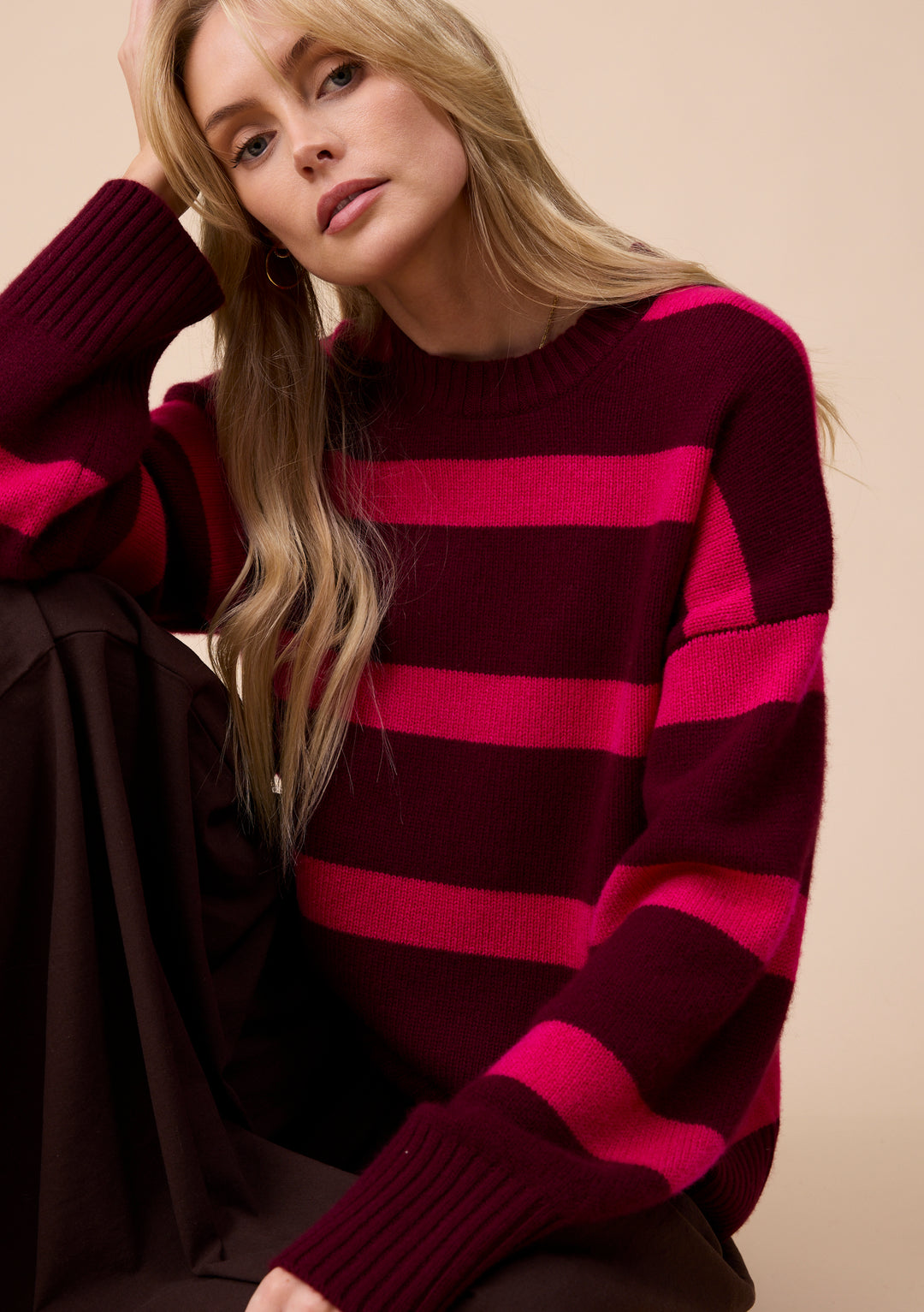 Cashmere Wool Crew Neck Jumper in Pink & Burgundy Stripe
