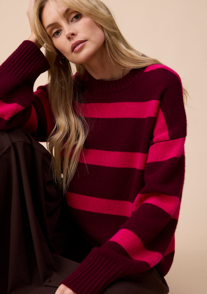 Cashmere Wool Crew Neck Jumper in Pink & Burgundy Stripe