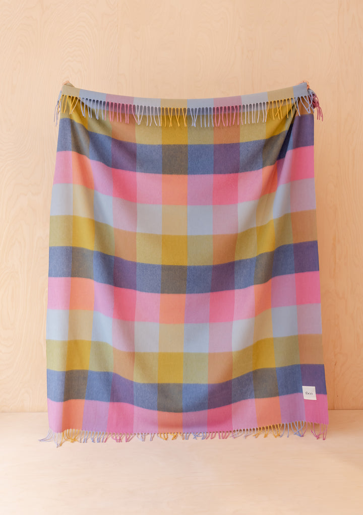 Lambswool Blanket in Pink Block Check