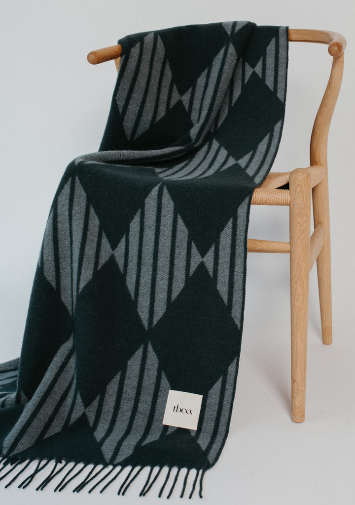 Lambswool Blanket in Green Stripe Harlequin Jacquard