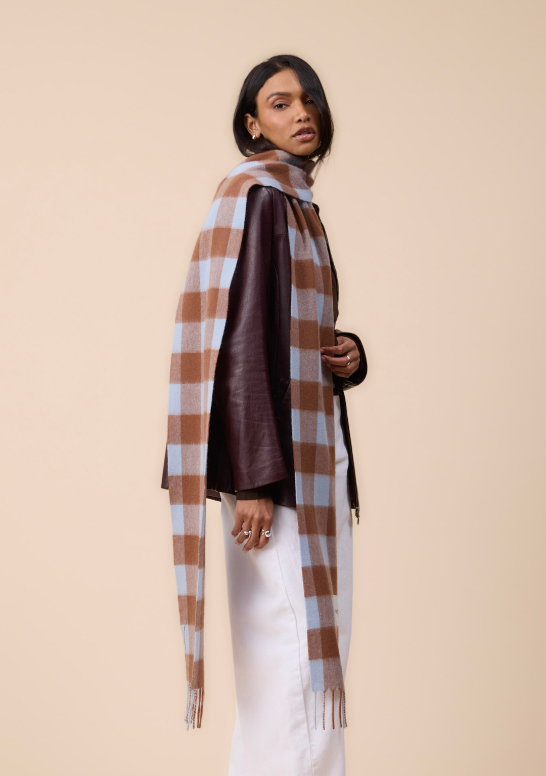 Lambswool Skinny Scarf in Brown & Blue Gingham