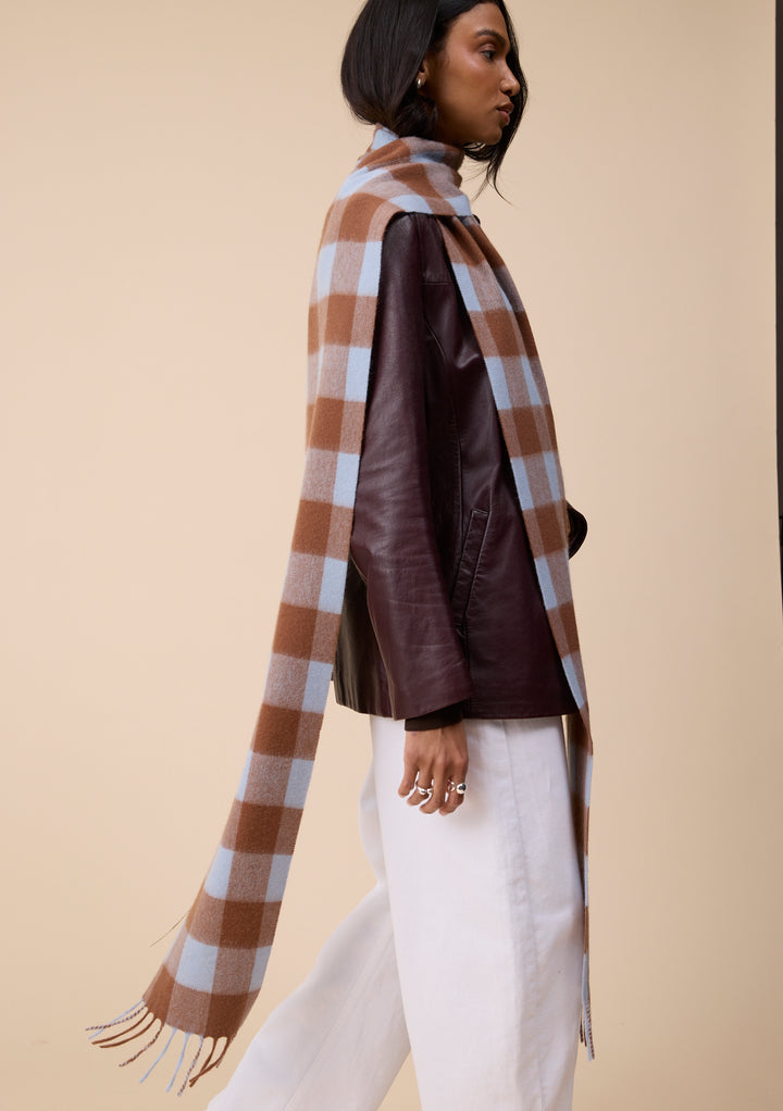 Lambswool Skinny Scarf in Brown & Blue Gingham