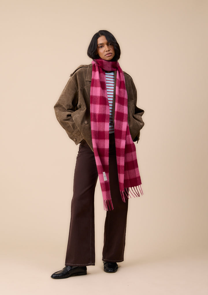 Lambswool Skinny Scarf in Pink & Burgundy Gingham