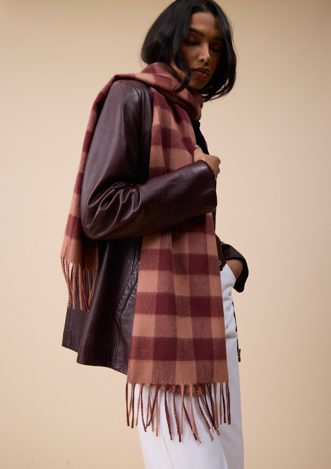 Lambswool Oversized Scarf in Fig Gingham