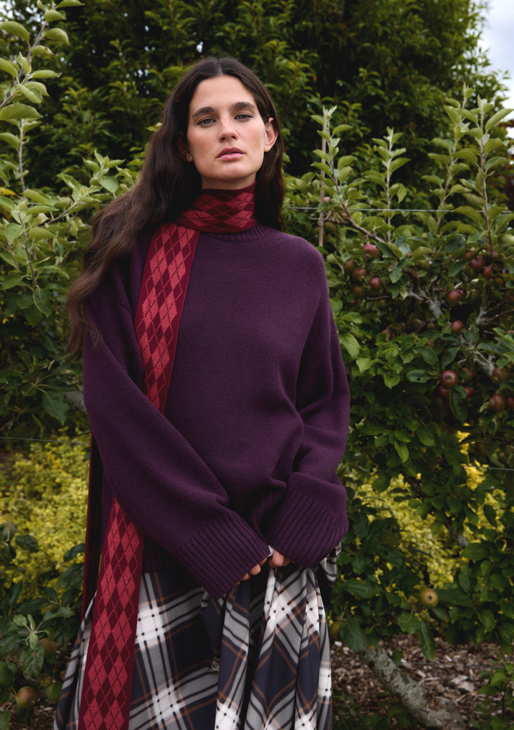 Merino Wool Skinny Scarf in Berry Argyle