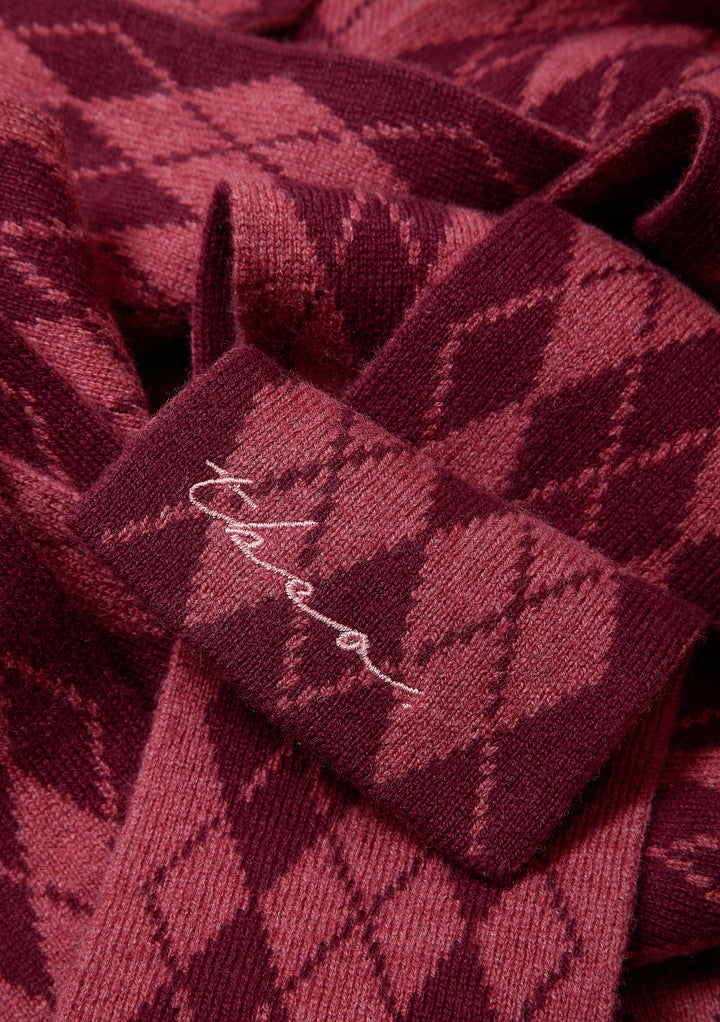 Merino Wool Skinny Scarf in Berry Argyle
