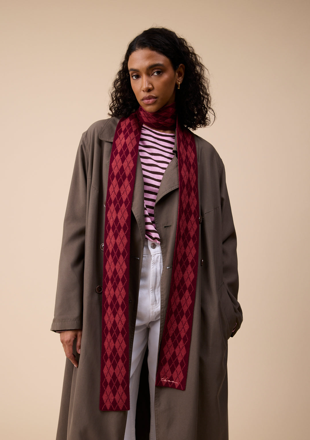 Merino Wool Skinny Scarf in Berry Argyle