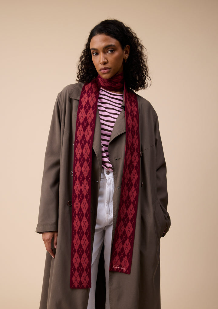 Merino Wool Skinny Scarf in Berry Argyle