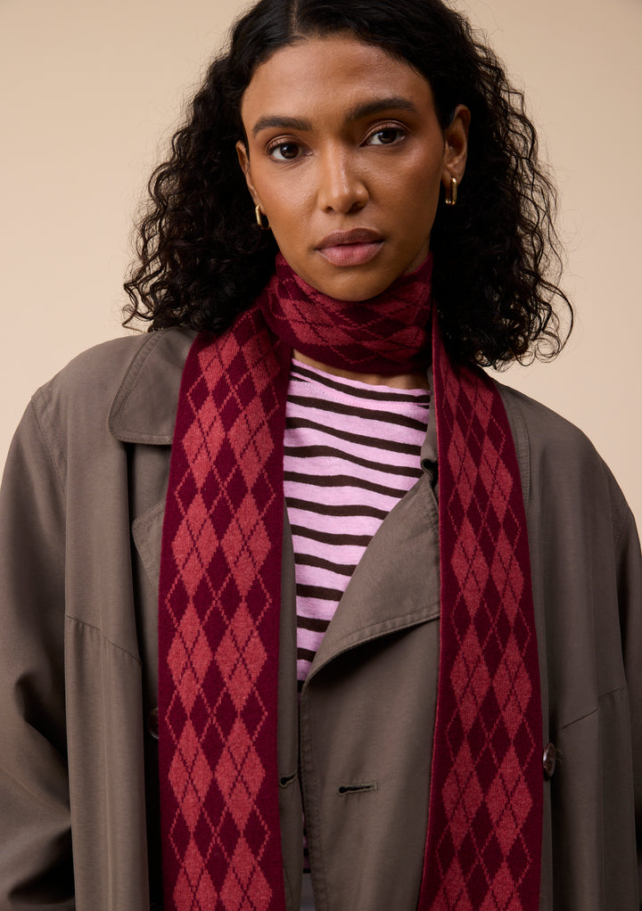 Merino Wool Skinny Scarf in Berry Argyle
