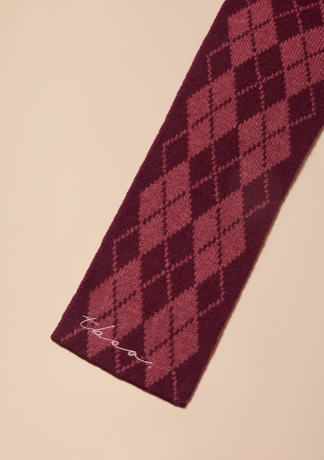 Merino Wool Skinny Scarf in Berry Argyle