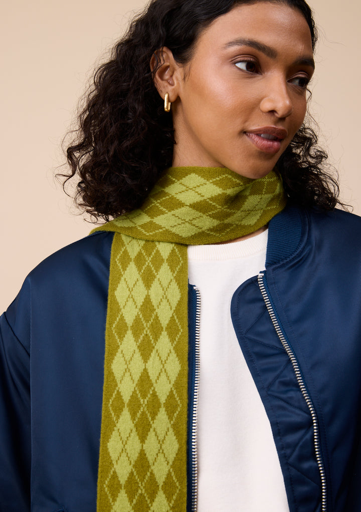 Merino Wool Skinny Scarf in Green Argyle