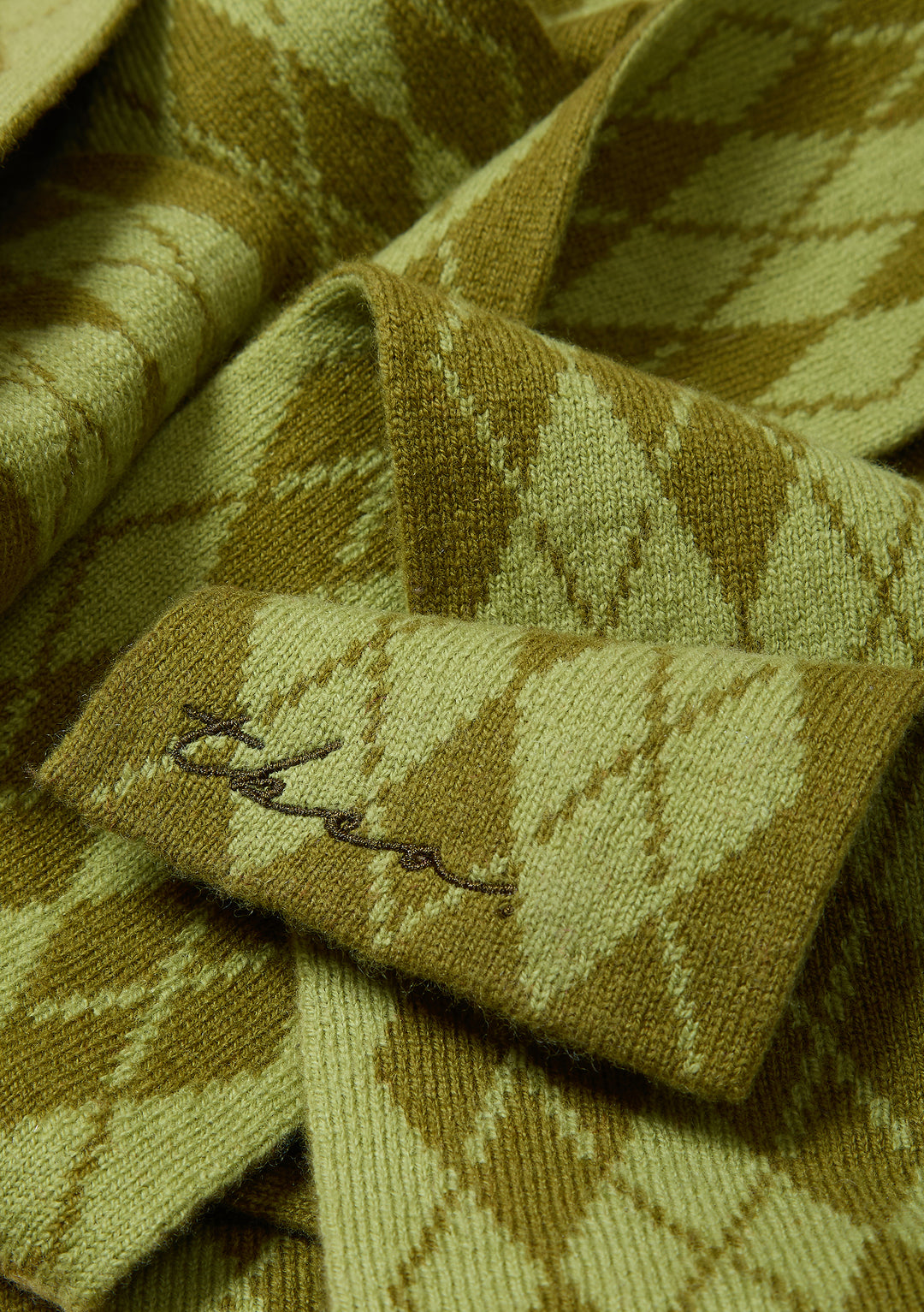 Merino Wool Skinny Scarf in Green Argyle