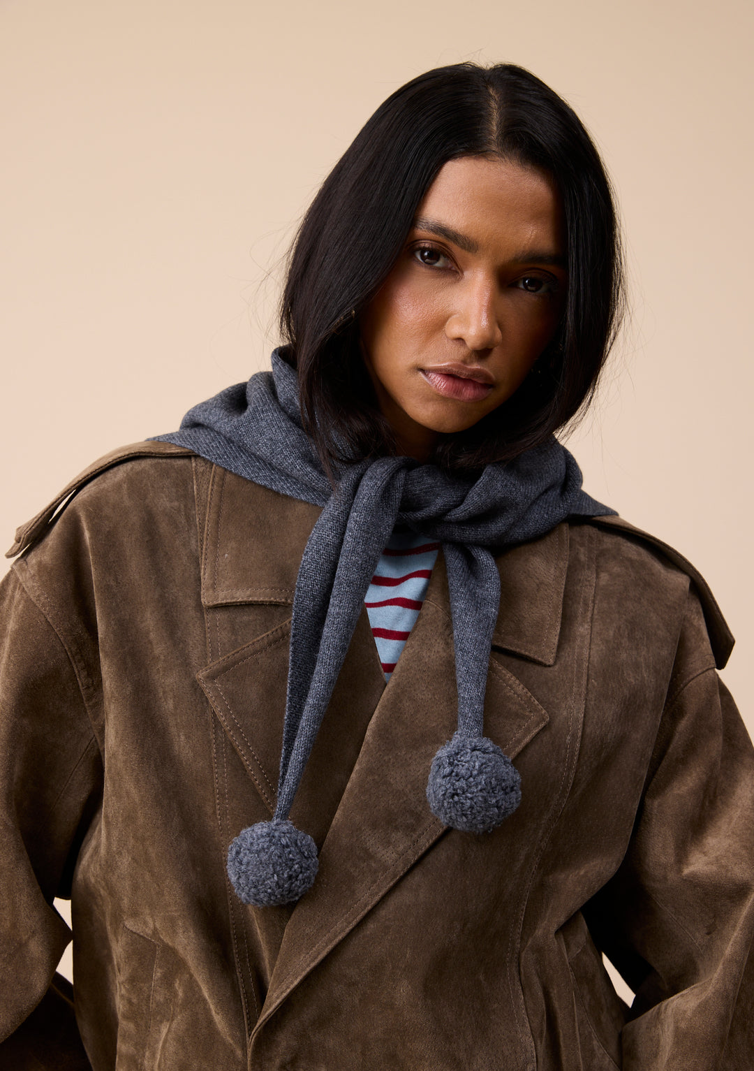 Merino Wool Triangle Scarf in Grey Pompom