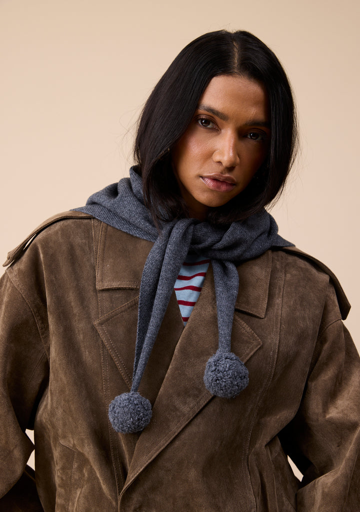 Merino Wool Triangle Scarf in Grey Pompom