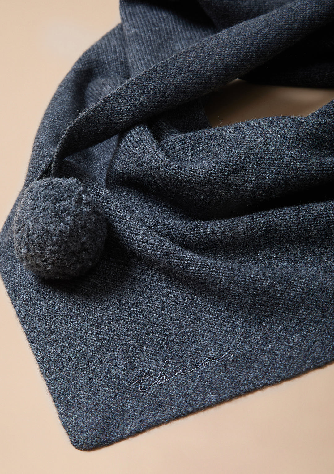 Merino Wool Triangle Scarf in Grey Pompom