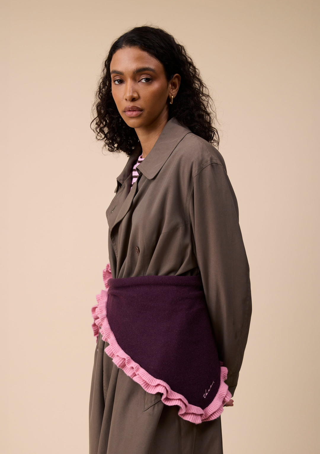 Merino Wool Triangle Scarf in Fig Double Ruffle