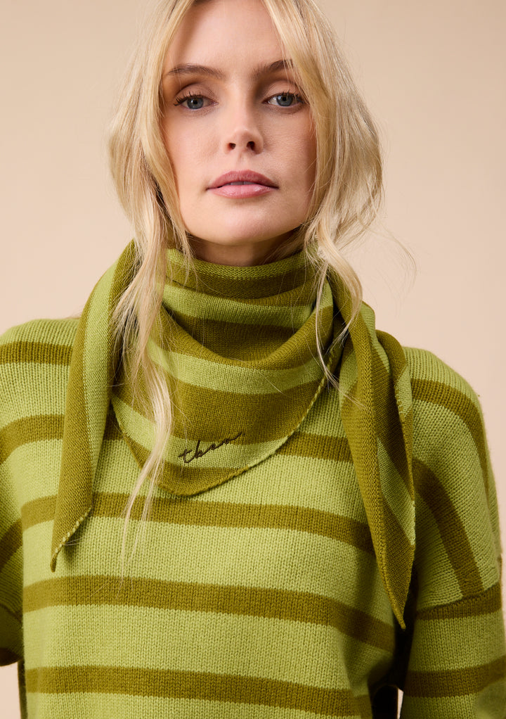 Merino Wool Triangle Scarf in Green Stripe