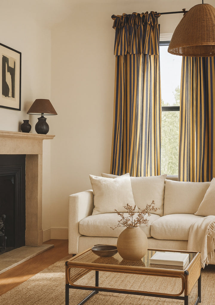 Pair of Cotton Tie-Top Curtains in Navy Stripe