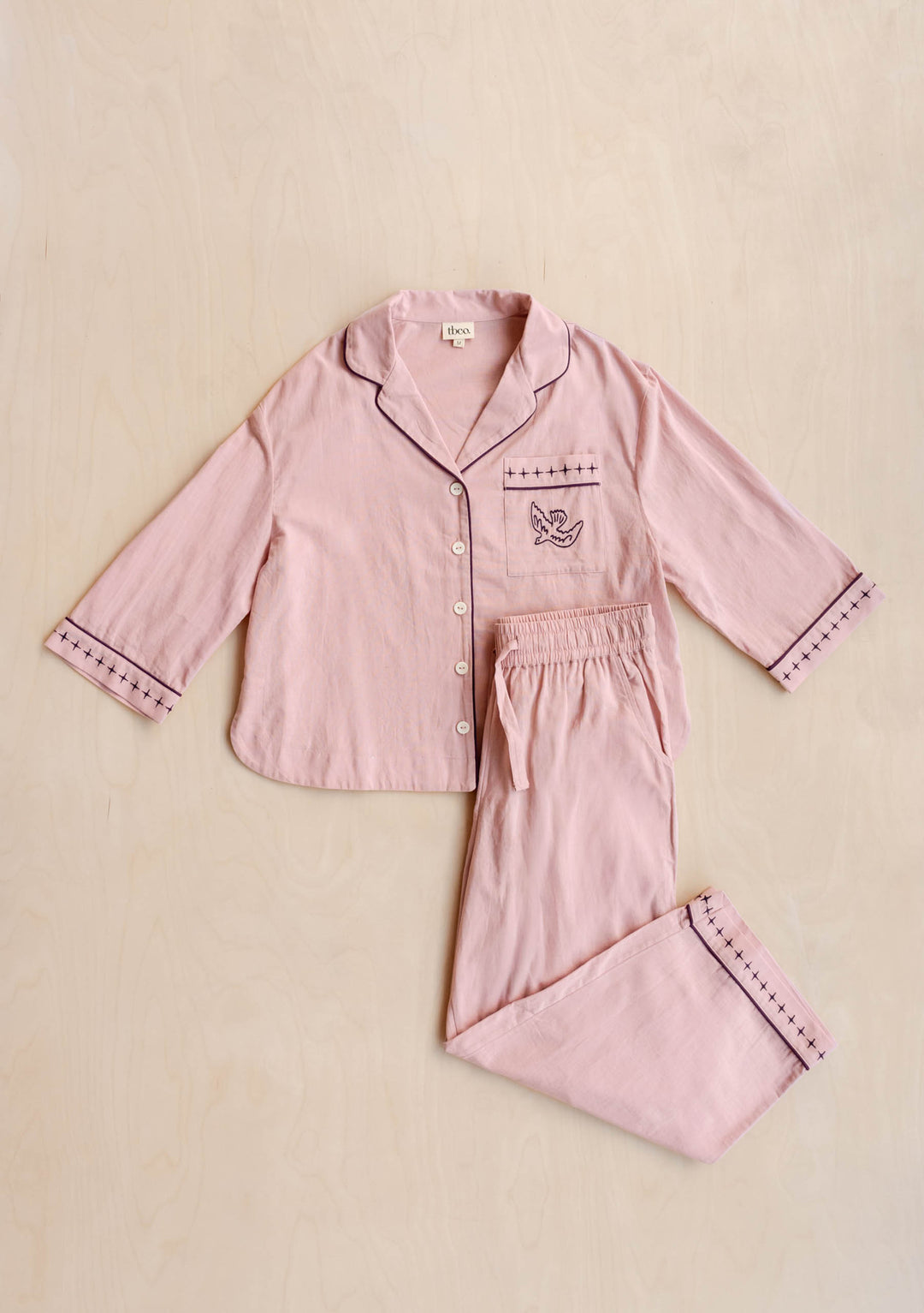 Cropped Cotton & Linen Pyjamas in Pink by TBCo laid flat showing blackberry embroidery details portrait gallery 8