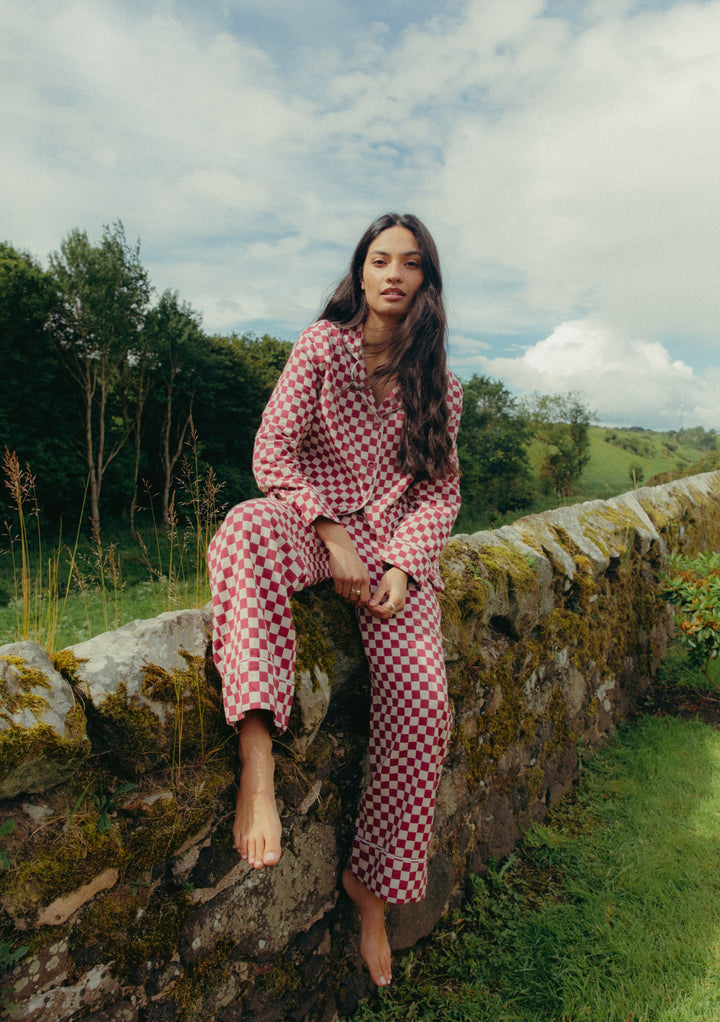 Cotton Pajamas in Burgundy Checkerboard