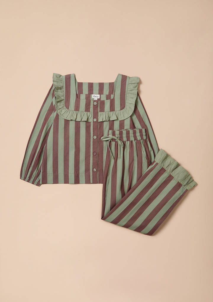 Cotton Pajamas in Green & Brown Stripe
