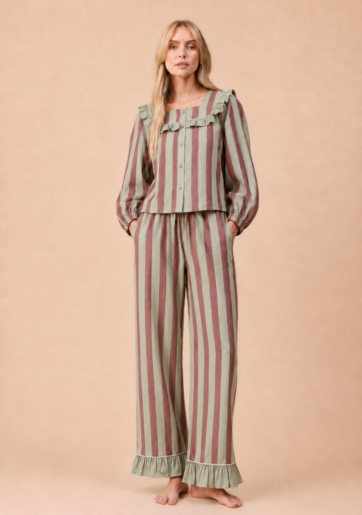 Cotton Pajamas in Green & Brown Stripe