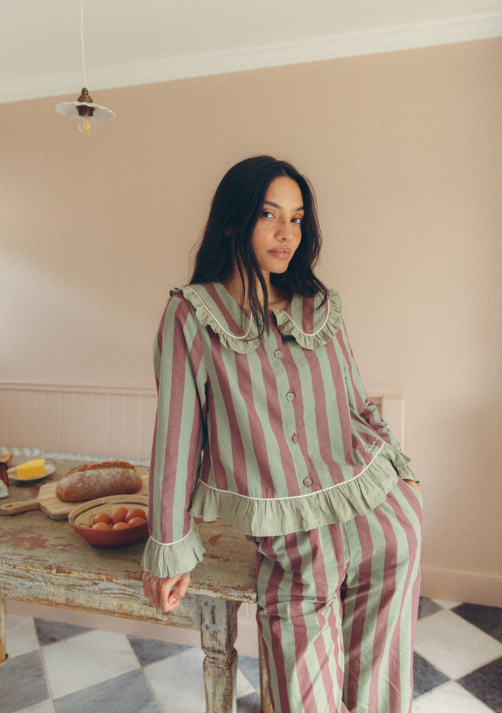 Cropped Cotton Pajamas in Sage & Brown Stripe