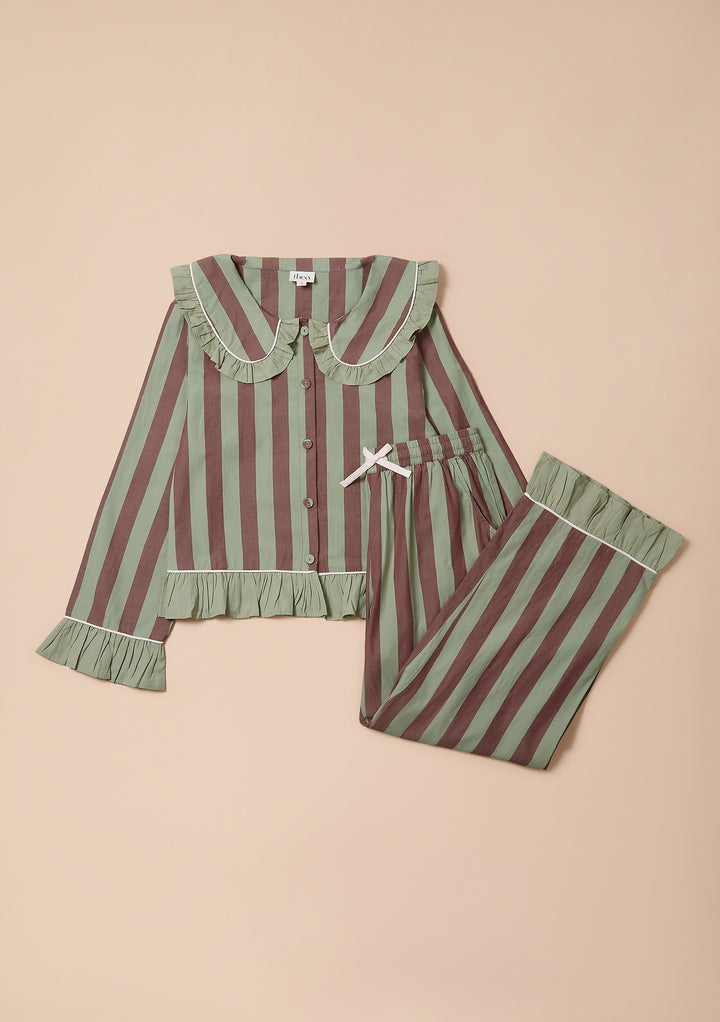 Cropped Cotton Pajamas in Sage & Brown Stripe