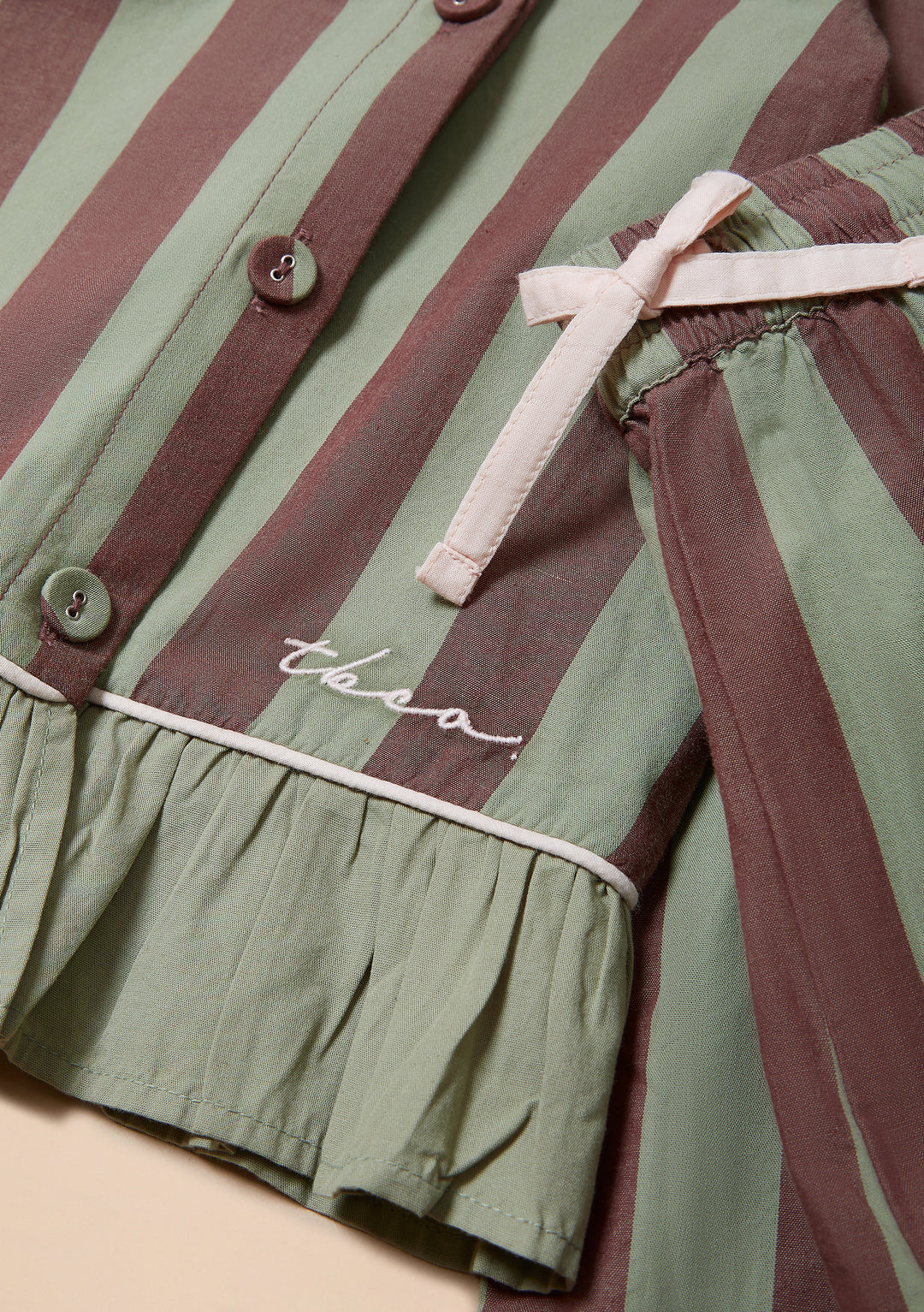 Cropped Cotton Pajamas in Sage & Brown Stripe